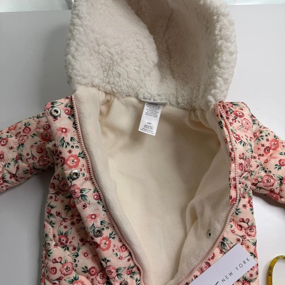 NWT Nicole Miller New York Baby Girls Pink Floral Quilted Snowsuit 6/9M Months